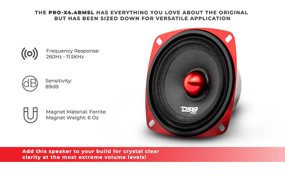 DS18 PRO-X4.4BMSL Car Speaker 4&amp;#34; Shallow Mid-Range Loudspeaker with Bullet 200 Watts