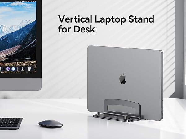 The image shows Vertical laptop stand on desk saves space and organizes desk items efficiently