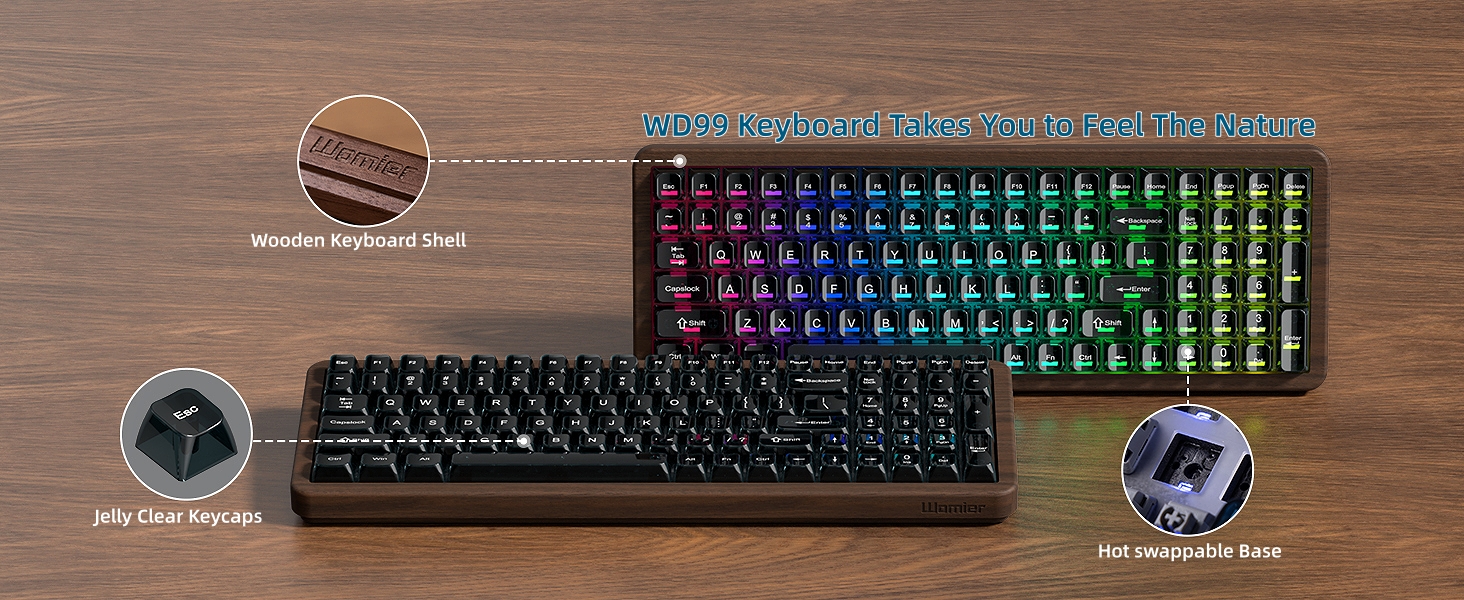 98% Wireless Mechanical Keyboard with Number Pad Natural Walnut Wood Gaming Keyboard