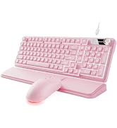 EWEADN Wired Keyboard and Mouse Combo with Detachable Wrist Rest - Pink | RGB Backlit, Media Knob...