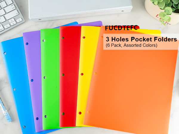 6 Pack Folders with Pockets, Plastic 3 Hole Punched Binder Folders with Business Card Holder