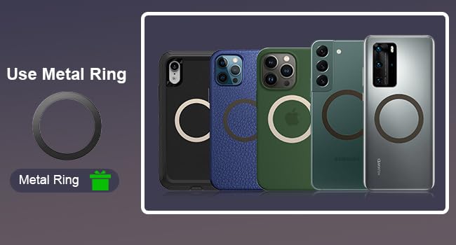 Display of smartphone cases with integrated metal rings. Cases shown in black, blue, green, and silver, featuring prominent circular metal rings on the back for grip.