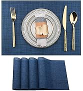 SLKQG Navy Blue Placemats Set of 4 - Easy Clean Washable Vinyl Placemats - Wipeable Heat Resistan...