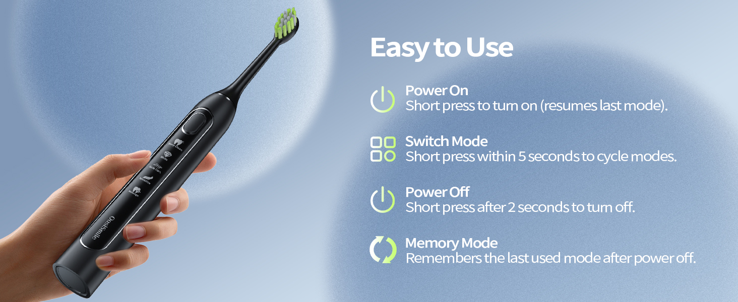 Text reads 'Easy to Use' followed by three feature descriptions with power icons. Shows interface or instruction panel with green indicators and text on blue background.