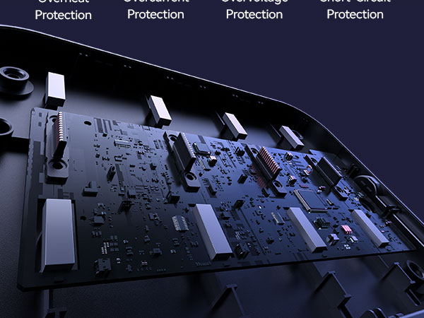 Close-up of computer circuit board or motherboard components with text "Protection" repeated across top