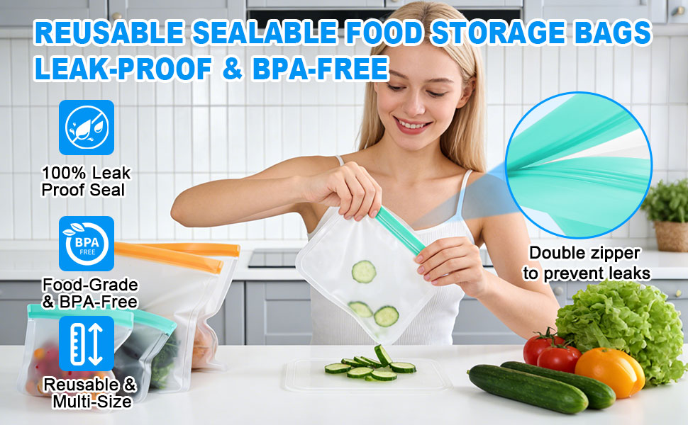 Reusable Freezer Bags Food Storage Bags Leakproof BPA Free Dishwasher