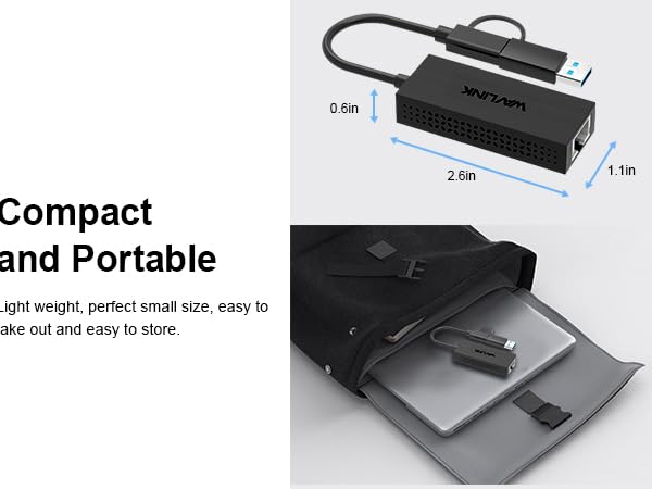 USB 2.5 Gigabit Ethernet Adapter with attached USB-C to USB-A adapter