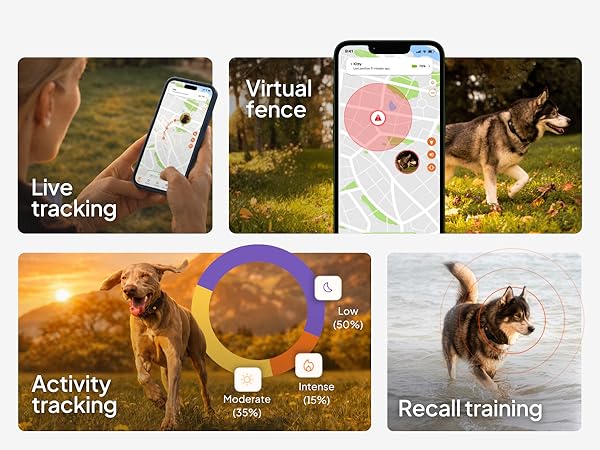 Text reads: 'Virtual fence', 'Live tracking', 'Activity', 'Recall training'. Mobile app interface showing map and pet tracking features with outdoor photography.