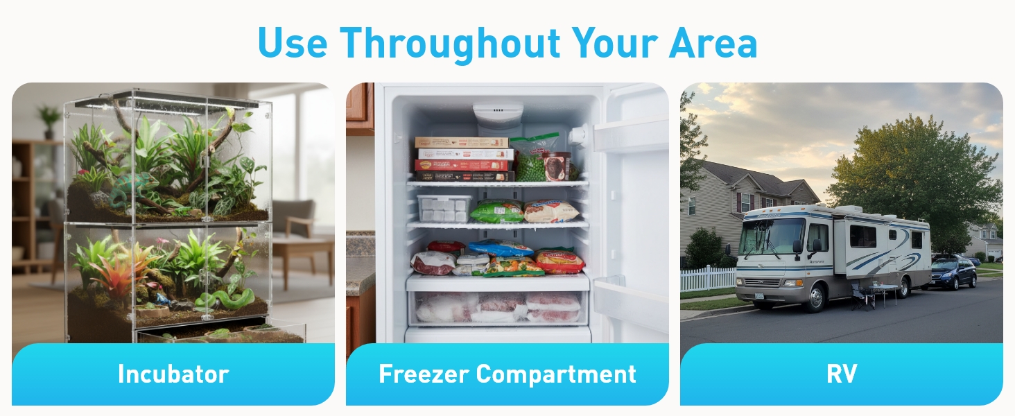 Text reads 'Use Throughout Your Area', 'Incubator', 'Freezer Compartment', 'RV'. Series of images showing various locations and settings including outdoor and indoor spaces.