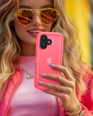 Pink protective phone case with dual camera cutout shown being held up against yellow background.