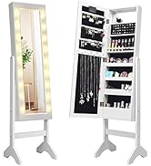 Giantex Standing Jewelry Armoire with 18 LED Lights Around the Door, Large Storage Mirrored Jewel...