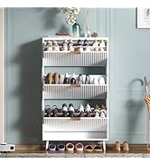 QIVOMIX Shoe Cabinet Storage,Modern Freestanding Organizer with 3 Flip Drawers,Narrow Shoe Rack C...