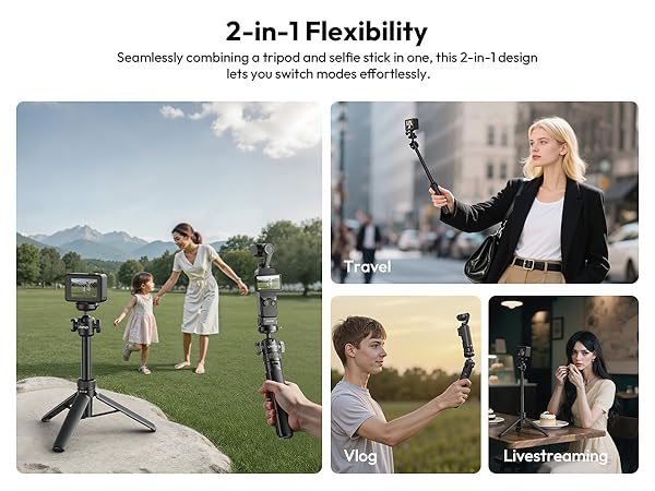 Text reads '2-in-1 Flexibility' and 'Seamlessly combining a tripod and selfie stick in one'. Multiple outdoor scenes showing photography equipment being used in various settings.