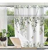 TWLSNCD No Hook Shower Curtain and Liner Set, Sage Green Eucalyptus Floral Shower Curtains for Ba...