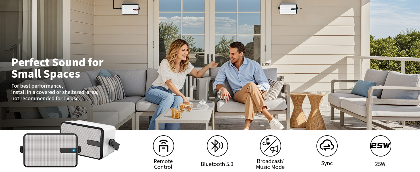 Outdoor/indoor Bluetooth Speakers, Wall Mount Sound System, Powerful Bass, Patio, Porch
