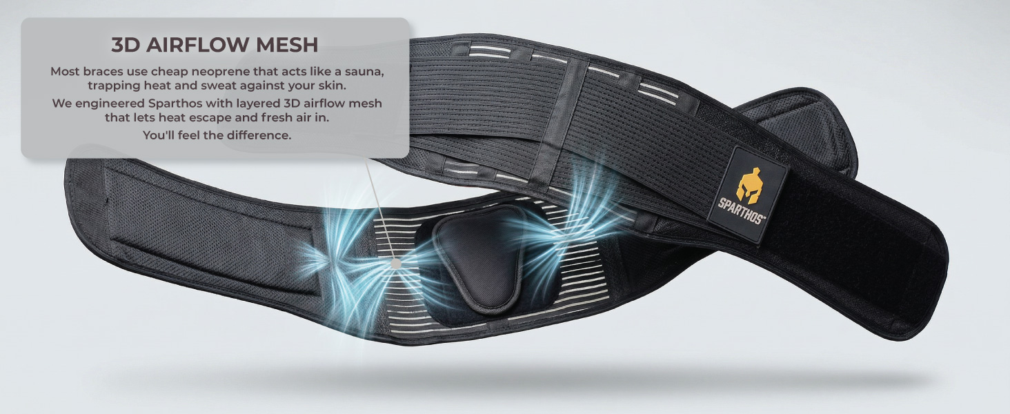Sparthos breathable back brace for men showing airflow.