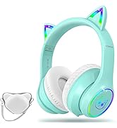 LOBKIN Bluetooth 5.4 Kids Headphones with Case - RGB LED Light Up Cat Ears Foldable Adjustable Ov...