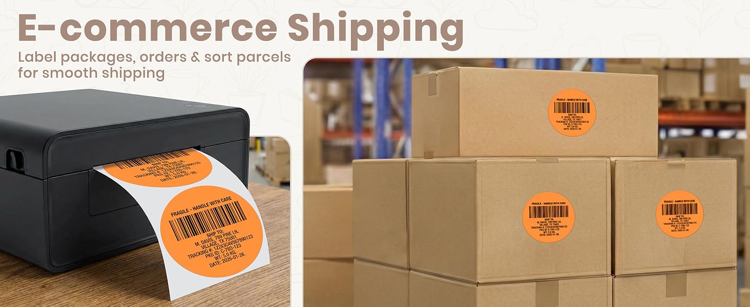 Image shows shipping labels being printed multiple brown cardboard boxes orange shipping labels