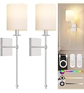 27 Inch Battery Operated Wall Sconces Set of 2 with Remote, Brushed Nickel Rechargeable Wireless ...