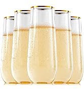 FOCUSLINE 24 Pack 9 Oz Plastic Champagne Flutes | Stemless Plastic Champagne Glasses Gold Rim, He...