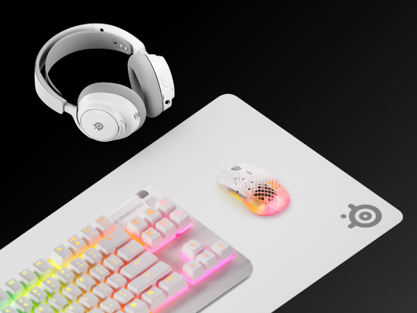 Coordinated white mousepad, mouse, keyboard and headset