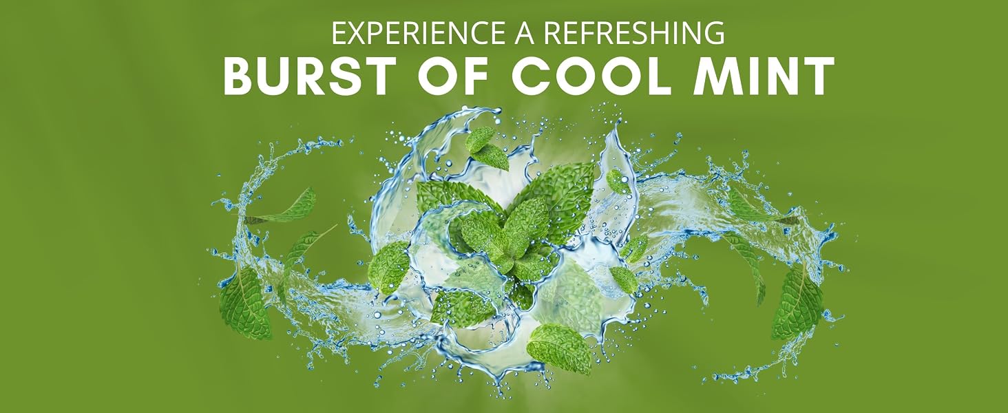 Text reads 'BURST OF COOL MINT'. Green background banner with blue splashing or burst effect design.