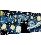 PLSOZRYL Large Mouse Pad 35.4x15.7 Inch Starry Night Black Cat Gaming Desk Mat with Non-Slip Rubb...