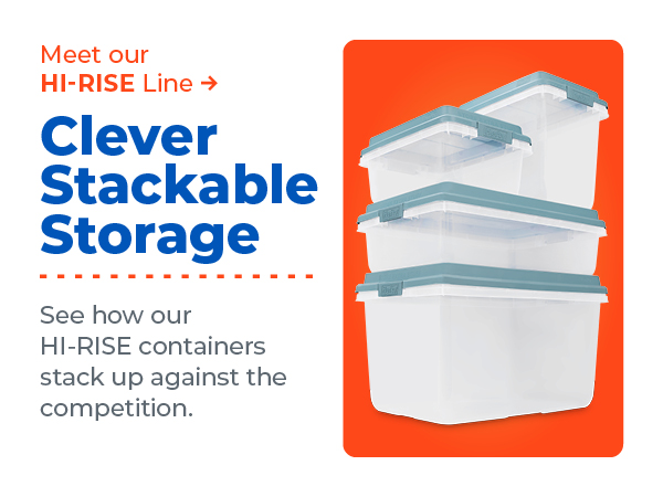 Stackable Hefty Hi-Rise storage containers for organized storage