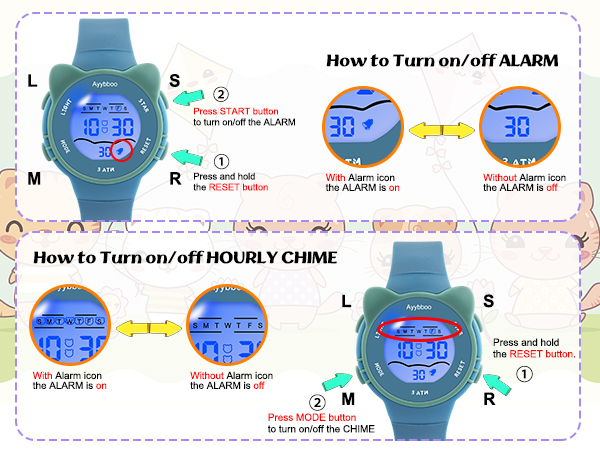 Turns on/off hourly signal sound and kids alarm