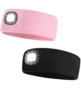 SUNPRO 2 Pack Sports Headband with LED Light, Beanie with Light, Unisex Knit Lighted Hat, USB Rec...