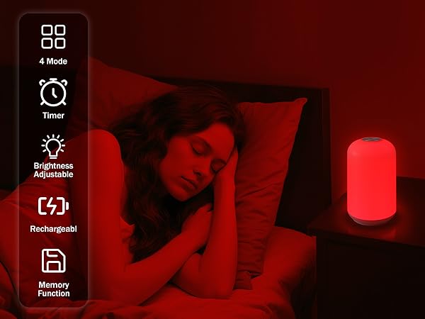 red sleep night light adjustable brightness timer rechargeable bedside lamp