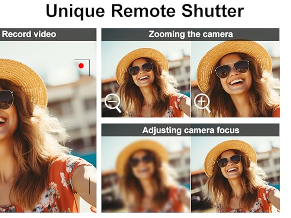 Remote shutter device for cameras with zoom and focus controls. Demonstration images show a woman taking selfies with the device.