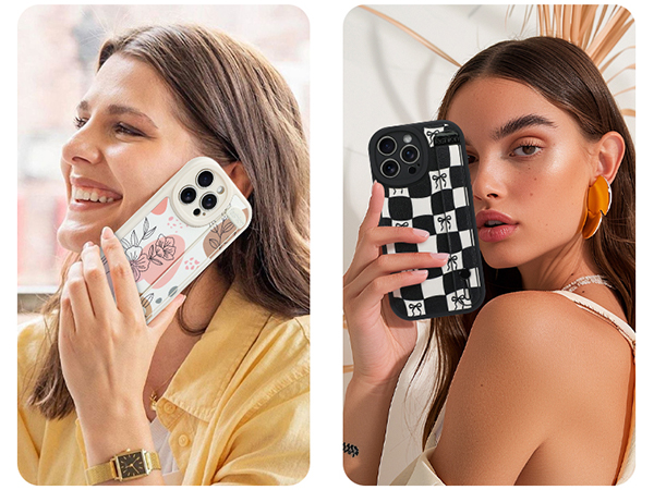 Ctue floral flowers checkered case for iphone with finger hand wrist loop strap
