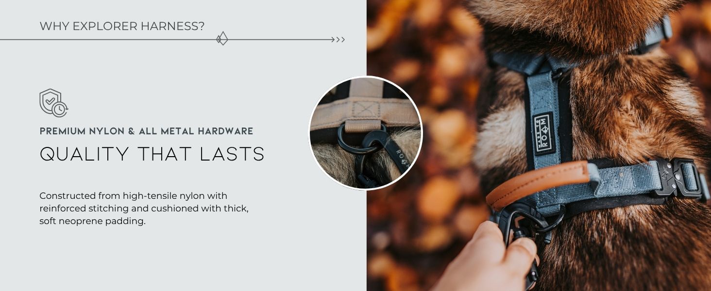 Educational slide about Explorer Harness premium nylon and metal hardware