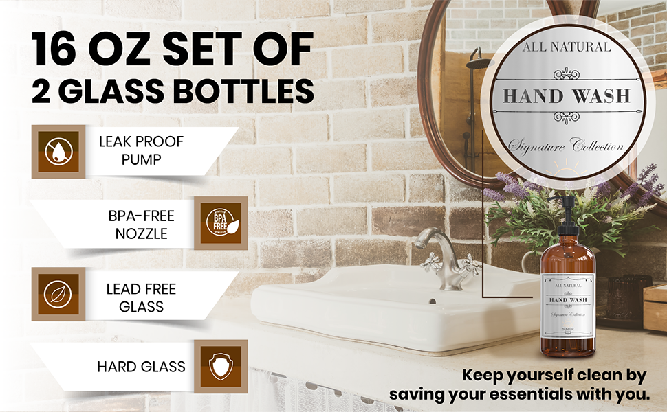 16 Oz soap dispenser with plastic pump, hand wash, dish soap, shampoo, conditioner, amber glass
