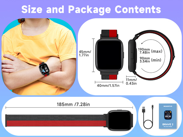 Smartwatch product showcase. Displays watch on wrist, device dimensions, and package contents including charging cable and manual.
