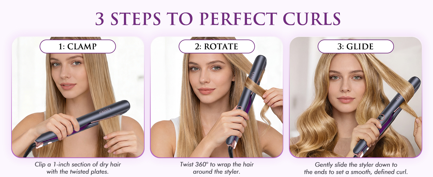 Text reads "3 STEPS TO PERFECT CURLS" with three labeled panels showing before-and-after results of hair curling demonstration using the styling device.