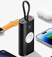 Portable charger with 10000mAh capacity, shown charging multiple devices. Specifications list charging times for various devices including iPhone and Samsung Galaxy S20.