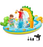 SULIFEEL Dinosaurs Inflatable Play Center Kiddie Pool with Slide and Sprinkler for Children, 8ft ...