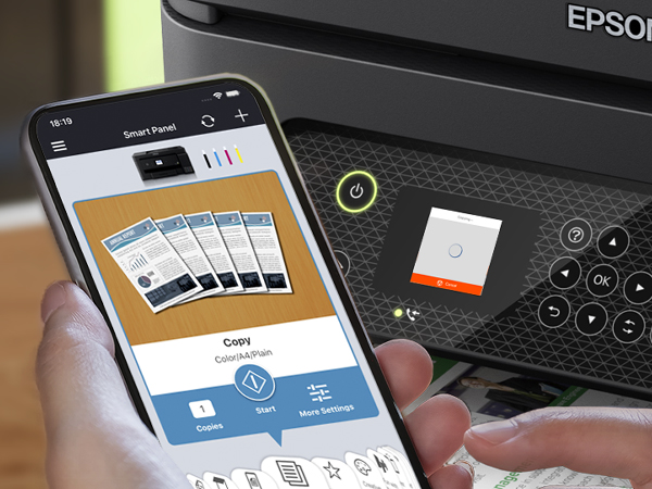 Person printing from their smartphone using Epson Smart Panel app.