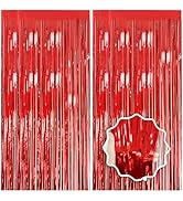 2 Pack Red Streamers Party Backdrop Foil Fringe Curtains Photo Booth Props for Birthday Christmas...