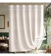 AmazerBath Boho Farmhouse Shower Curtain Beige with Top Tassels, Faux Linen Fabric Neutral Shower...