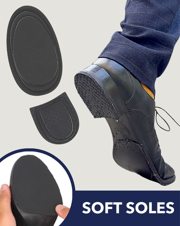 Text reads 'SOFT SOLES'. Shows black circular cushioned pads or insoles displayed in various positions and angles.