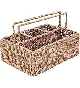 PEMAR Large L-Sized Hand Woven Utensil Caddy Carrier, Natural Jute Wicker Condiment Holder for Ta...
