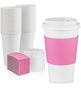 [50 Pack] White Coffee Cups with Dome Lids and Pink Sleeves - 16 oz Disposable Paper Cups - To G...