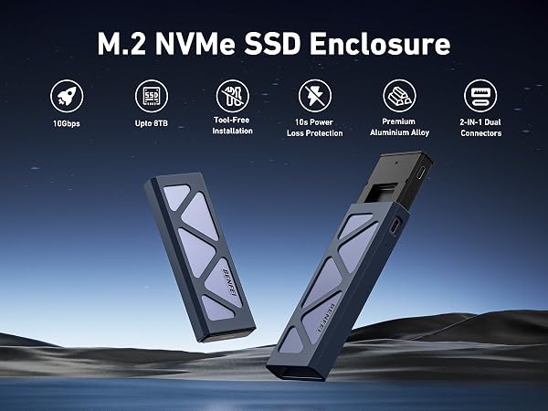 M.2 NVMe SSD enclosure with aluminum alloy body, featuring tool-free installation, heat protection, and USB-C connector. Two views show sleek design with triangular cutouts.
