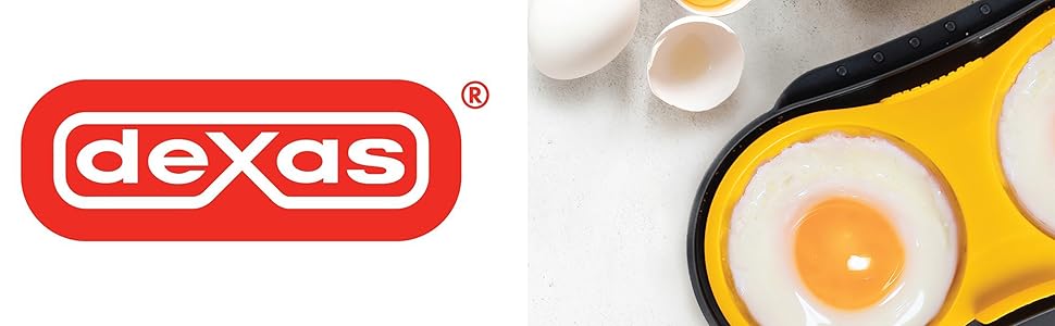 Dexas Logo in red on a white Background, Two Eggs cooked in Egg Cooker