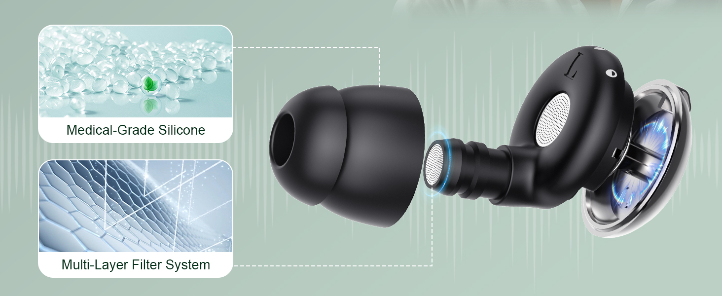 Text reads 'Multi-Level Eye System'. Product showcase of black wireless earbuds with technical diagrams highlighting multi-level eye system feature.