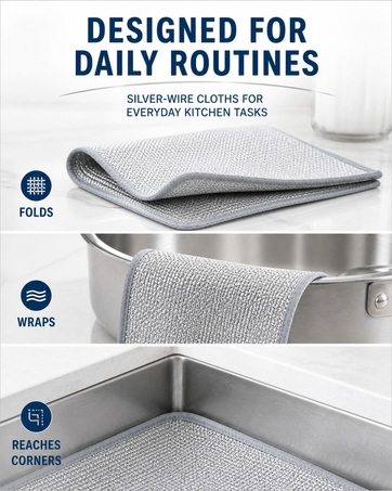 GIUBOG silver-wire cloth folding, wrapping cookware, and reaching sink corners.