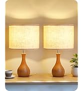 GOEBLESON Wood Table Lamps Set of 2, Small Bedside Lamp with Beige Linen Lampshade &amp; Dark Natural...